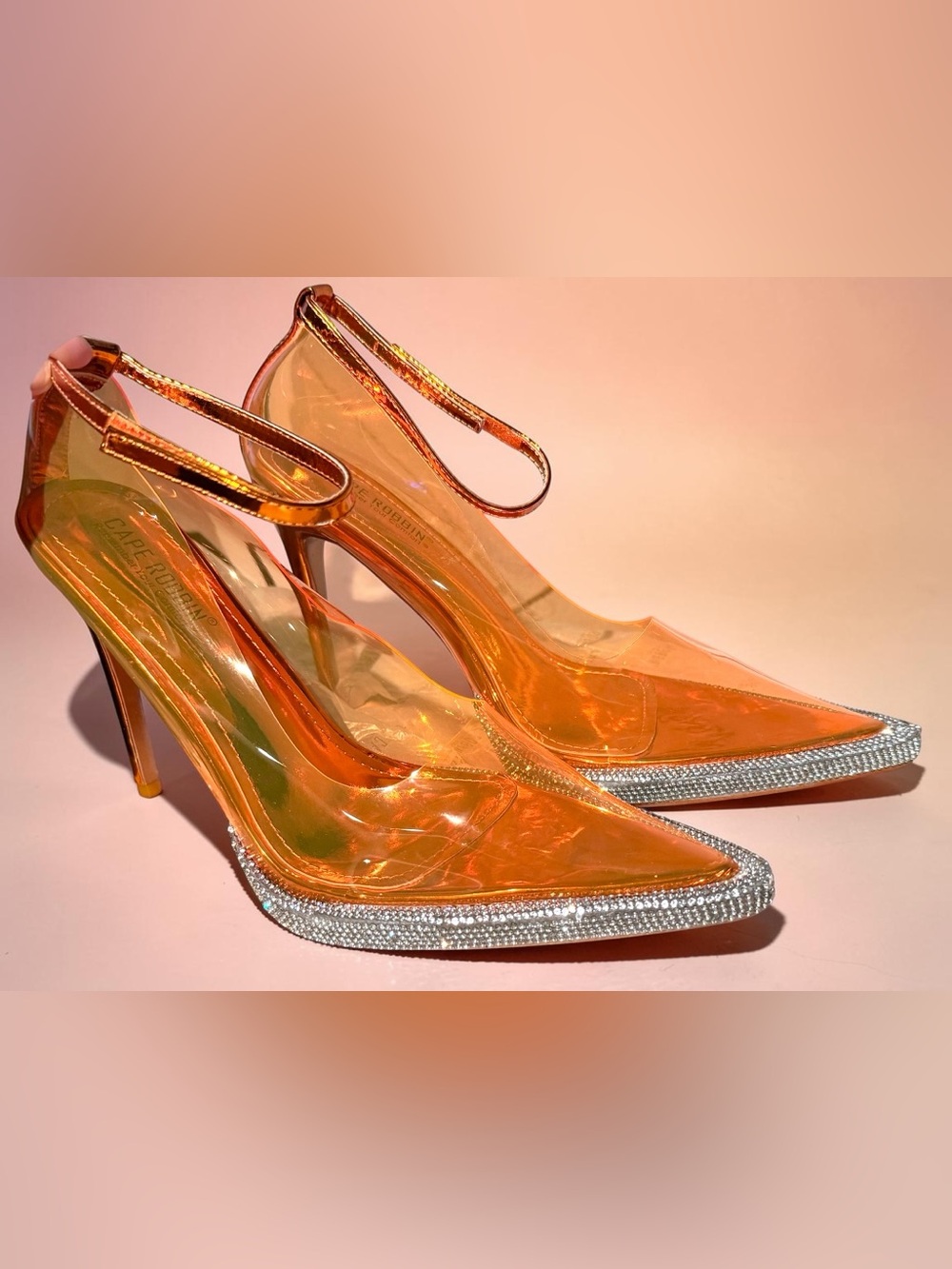 Cape Robbin Iridescent Orange Pointed Toe Stiletto Heels with Rhinestone Trim